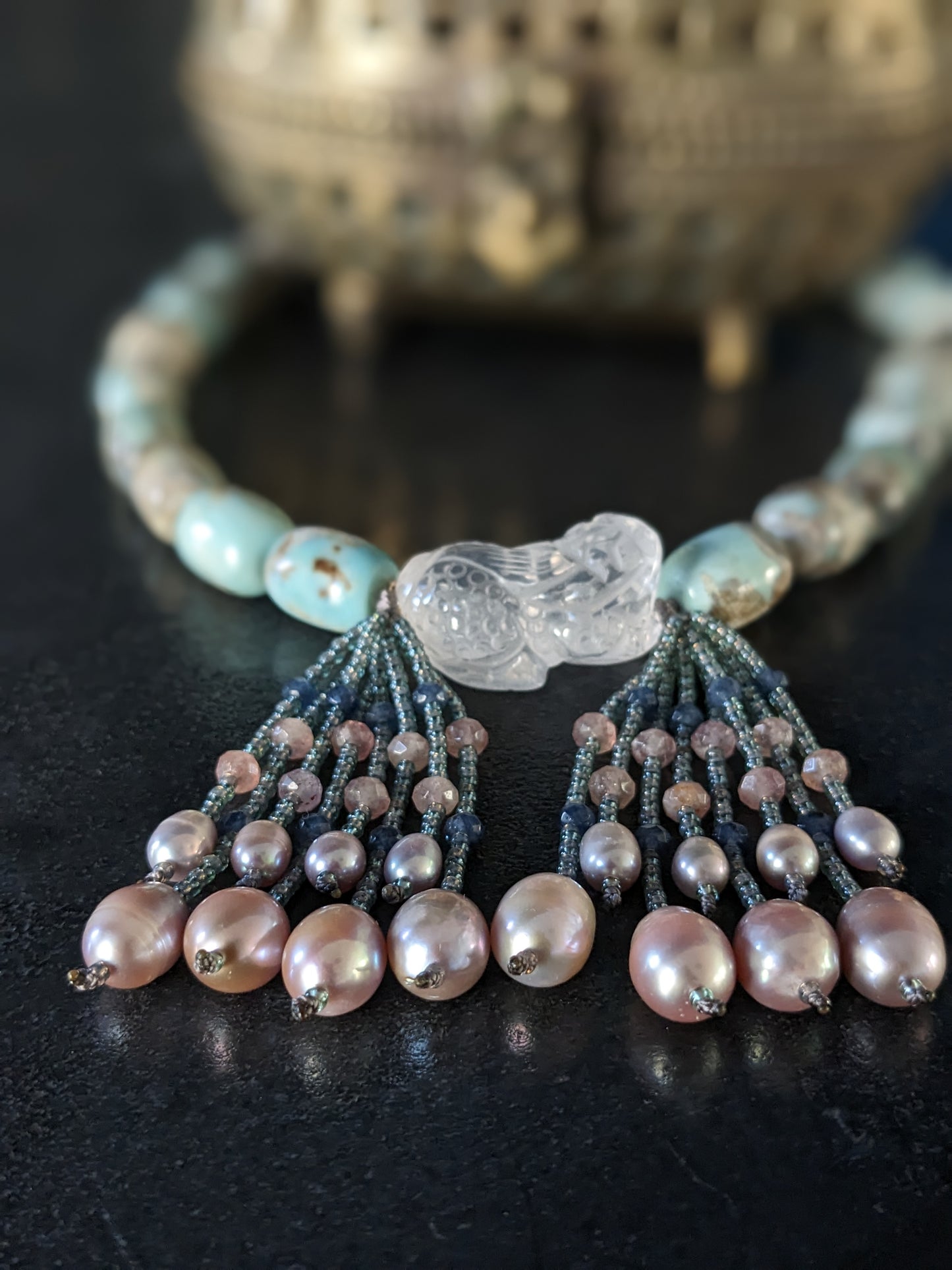 Collier bohème en agates et perles d'eau douce