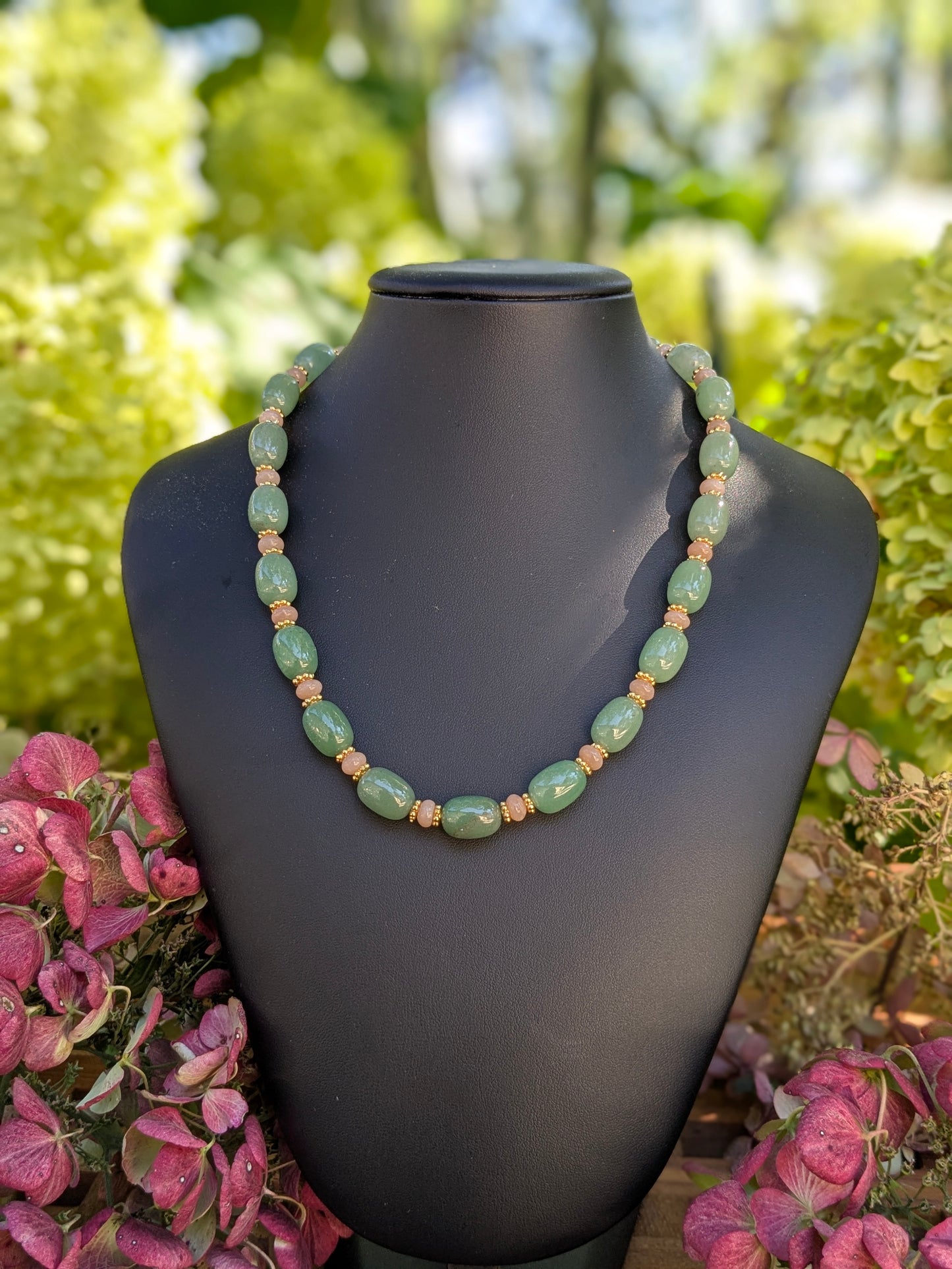 Collier aventurine verte lisse et pierre de lune pêche lisse, talisman d’harmonie