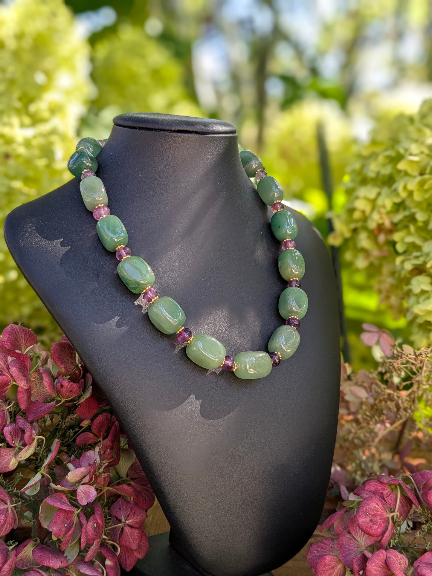 Collier volumineux aventurine verte et fluorite violette dégradée, bijou énergisant