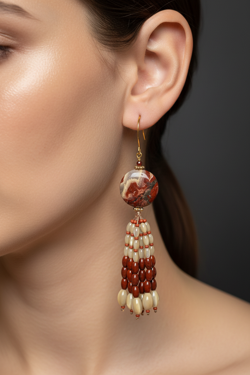 Pendants d'oreilles Amara en jaspe rouge, nacre de trochus et rocailles miyuki brique, laiton plaqué or 18kt