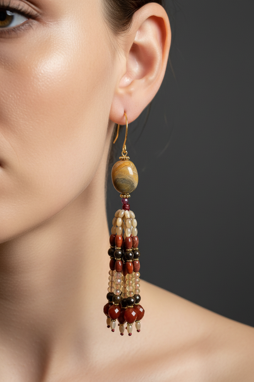 Pendants d'oreilles Anika Mudra en agate mexicaine, grenat, jaspe rouge, bronzite, citrine et agate rouge, laiton plaqué or 18kt