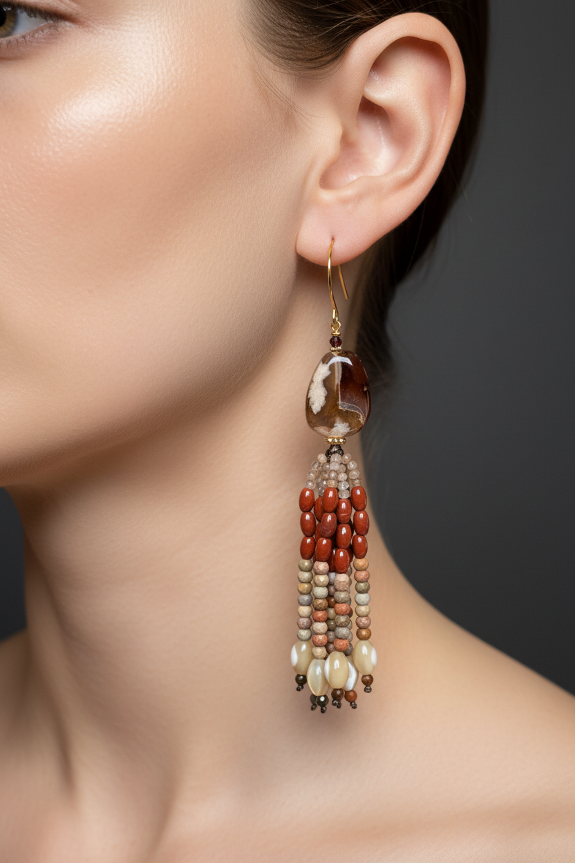 Pendants d'oreilles Asha en agate sakura, pierre de lune pêche, jaspe rouge, agates multicolores et nacre de trochus, laiton plaqué or 18kt
