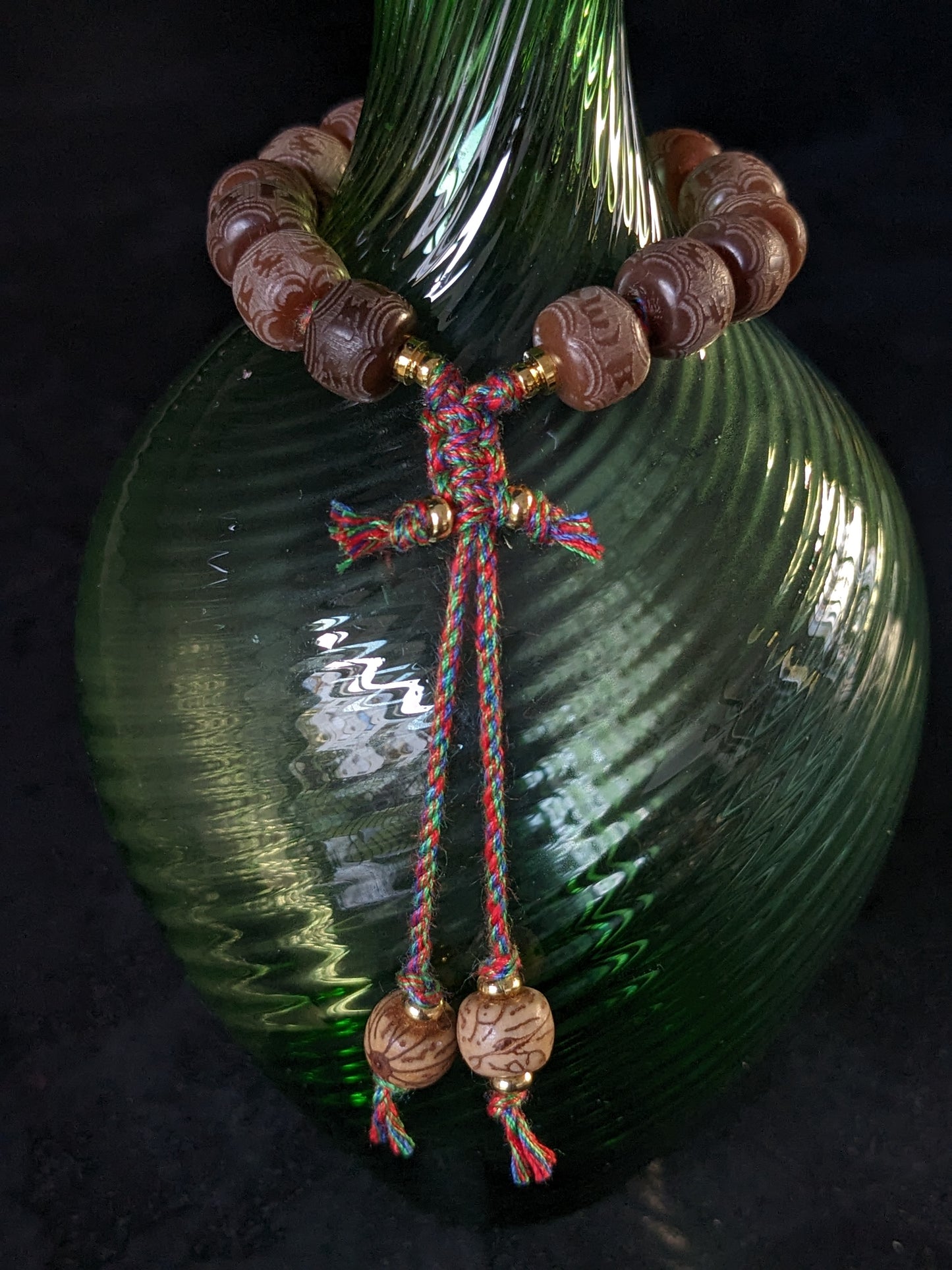 Bracelet Tara - Mantra Om Mani Padme Hum avec charmante tortue en obsidienne dorée