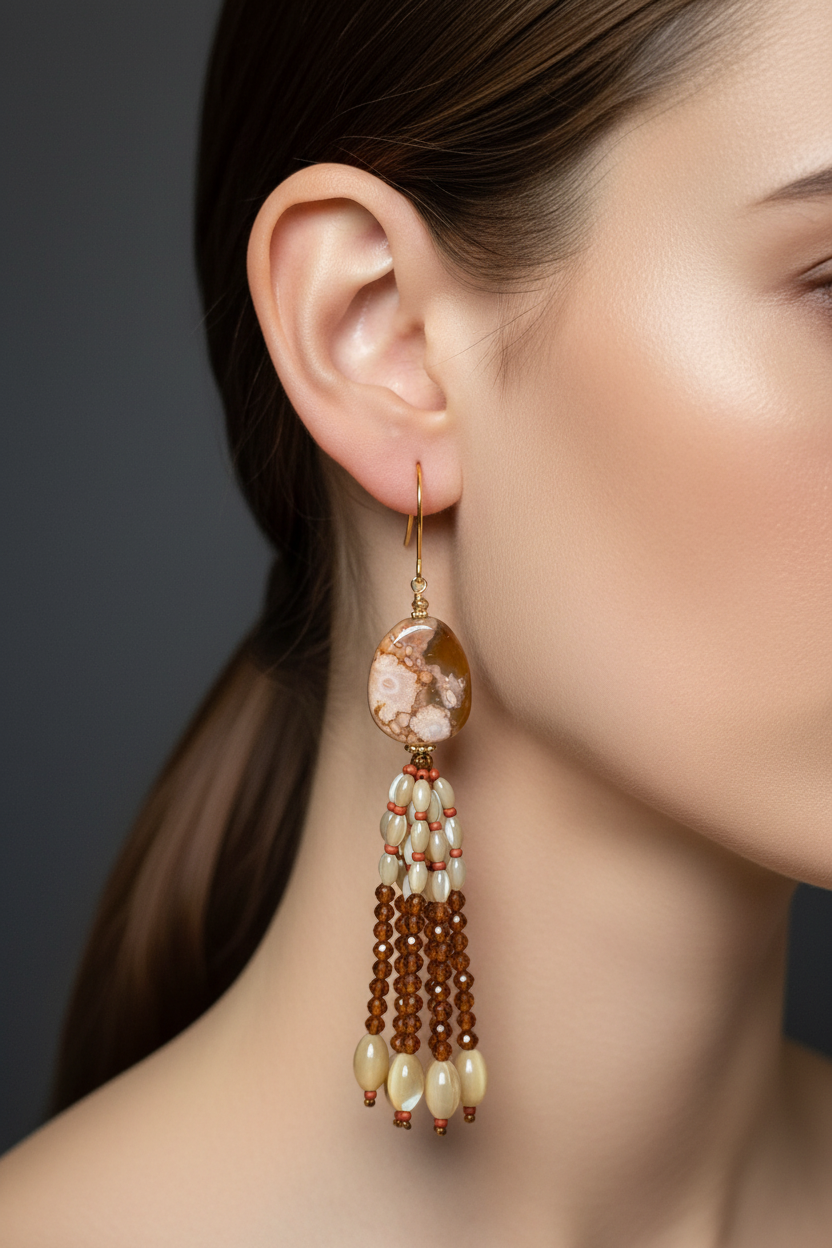 Pendants d'oreilles Chameli en agate sakura, nacre de trochus, rocailles miyuki et grenats orange, laiton plaqué or 18kt