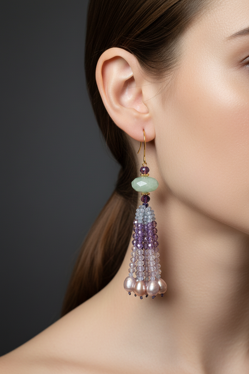 Pendants d'oreilles Chandni en améthyste, aigue-marine, Super Seven et perles d'eau douce baroques mauves, laiton plaqué or 18kt