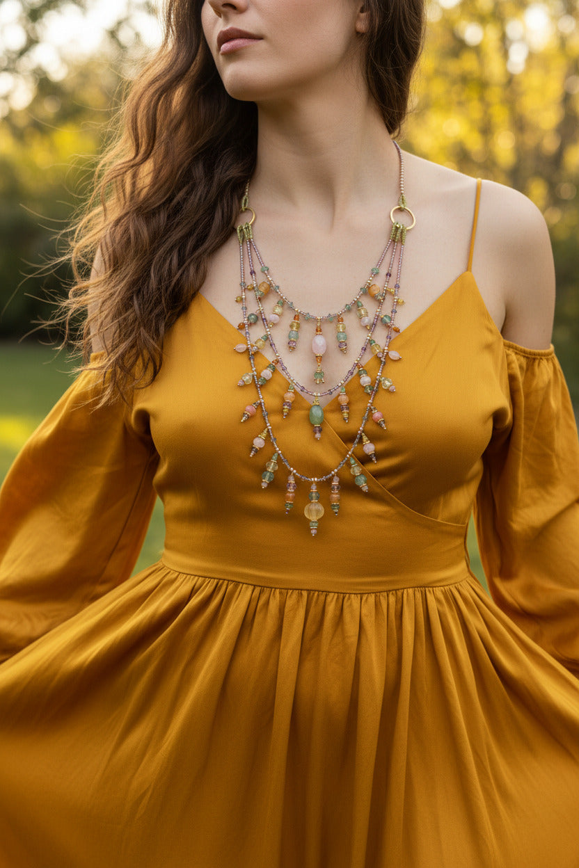 Le collier triple Fayali porté sur un buste, illustrant la superposition fluide et riche des trois rangs.