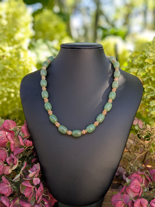 Collier aventurine verte lisse et pierre de lune pêche lisse, talisman d’harmonie