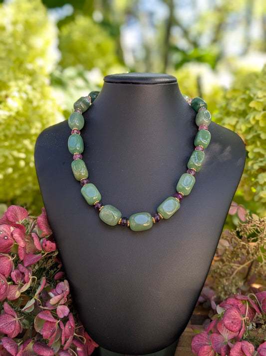 Collier volumineux aventurine verte et fluorite violette dégradée, bijou énergisant