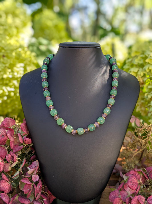 Collier aventurine verte et fluorite violette dégradée, talisman de calme et lucidité
