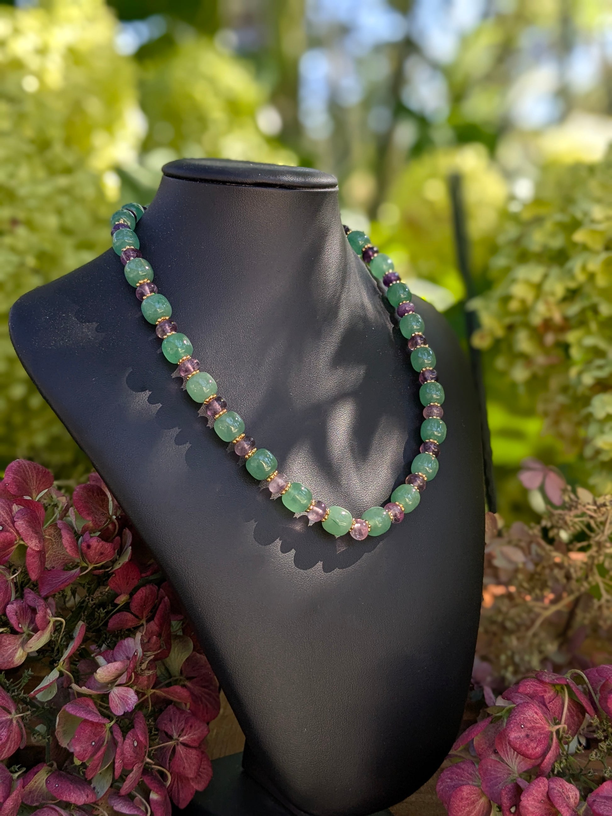 Collier aventurine verte et fluorite violette dégradée, talisman de calme et lucidité