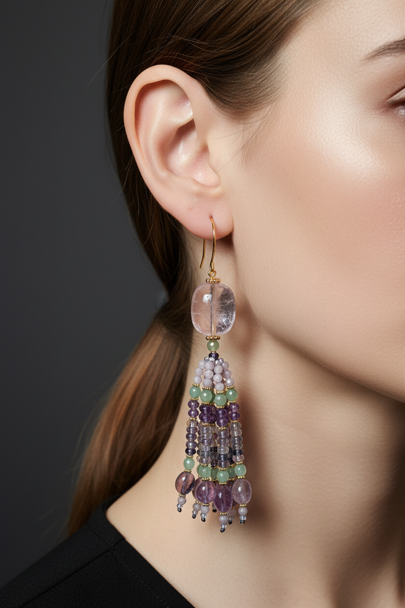 Pendants d'oreilles Devika Mudra en améthyste brésilienne, kunzite, jade teinté vert et fluorite multicolore, laiton plaqué or 18kt