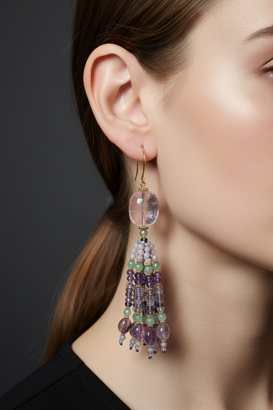 Pendants d'oreilles Devika Mudra en améthyste brésilienne, kunzite, jade teinté vert et fluorite multicolore, laiton plaqué or 18kt