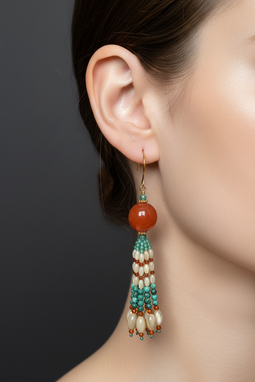 Pendants d'oreilles Indira en agate du Botswana, zircons cubiques aqua et orange, turquoise de Hubei et nacre de trochus, laiton plaqué or 18kt