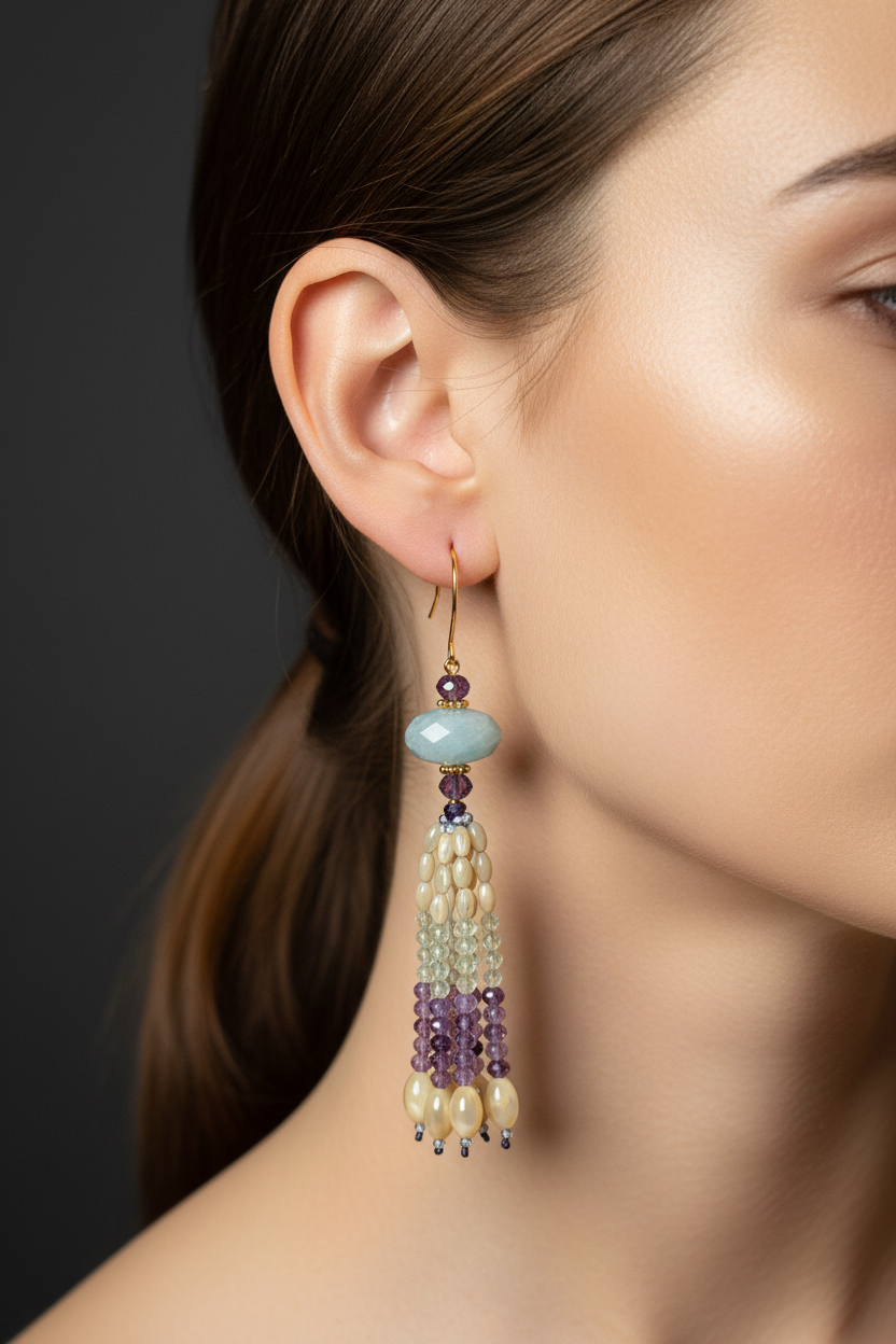 Pendants d'oreilles Ishika en améthyste, aigue-marine et nacre de trochus, laiton plaqué or 18kt