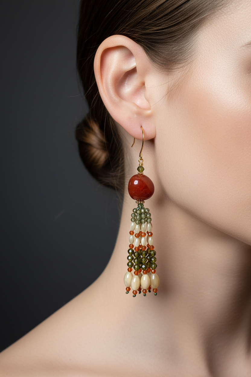 Pendants d'oreilles Kiran en agate du Botswana, zircons cubiques verts et orange, nacre de trochus, laiton plaqué or 18kt