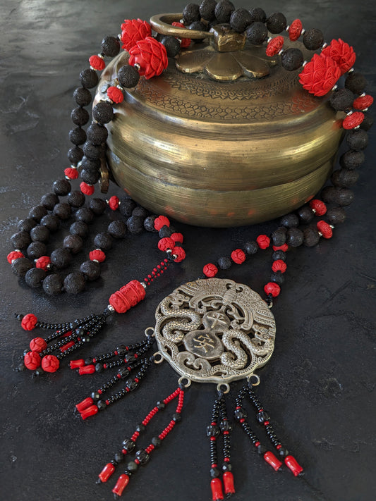 Mala traditionnel en graine de bodhi et pierres naturelles, noué main, 108 perles, création made in France