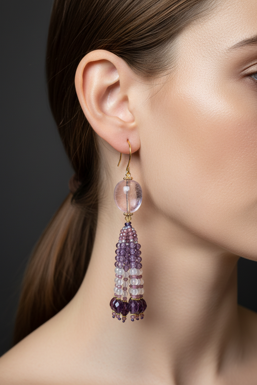 Pendants d'oreilles Maya Mudra en améthyste brésilienne, tourmaline rose, agate blanche et gouttes d'améthyste violette de Madagascar, laiton plaqué or 18kt
