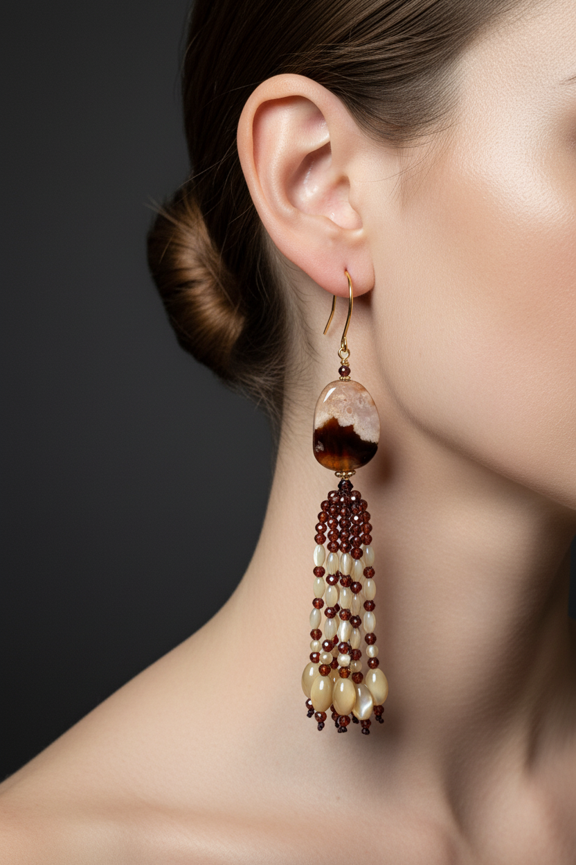 Pendants d'oreilles Mohini en agate sakura brun profond, grenats et nacre de trochus, laiton plaqué or 18kt