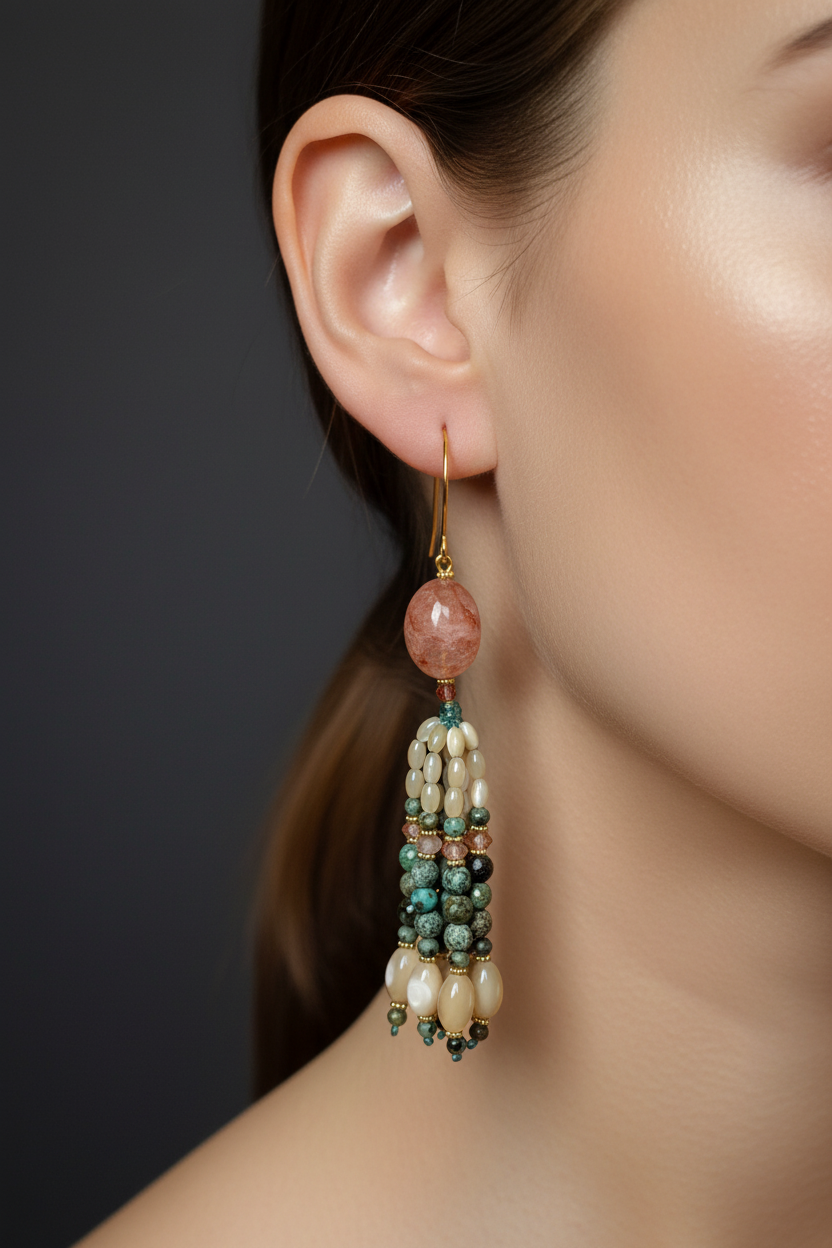 Pendants d'oreilles Naina Mudra en éventail, quartz hématoïde pêche, nacre, turquoise africaine et grenats, laiton plaqué or 18kt