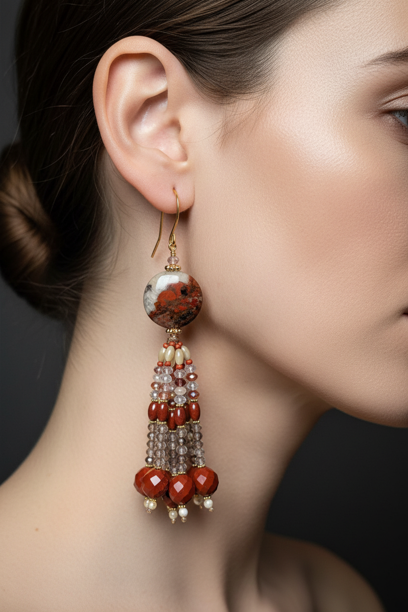 Pendants d'oreilles Nisha en jaspe rouge poli et brillant, nacre de trochus, quartz hématoïde et quartz fumé, laiton plaqué or 18kt