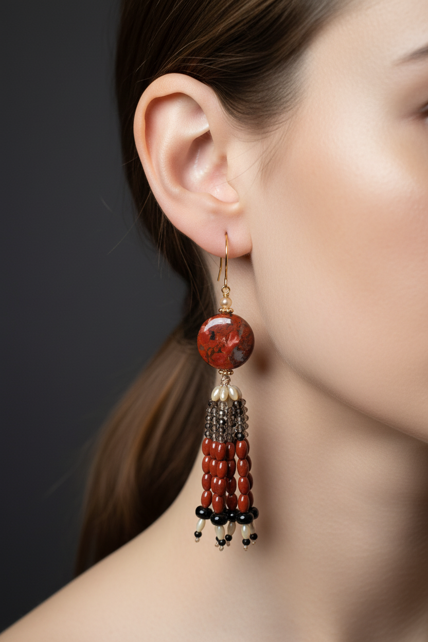 Pendants d'oreilles Ojal en jaspe rouge, quartz fumé, onyx et spinelle noir, laiton plaqué or 18kt