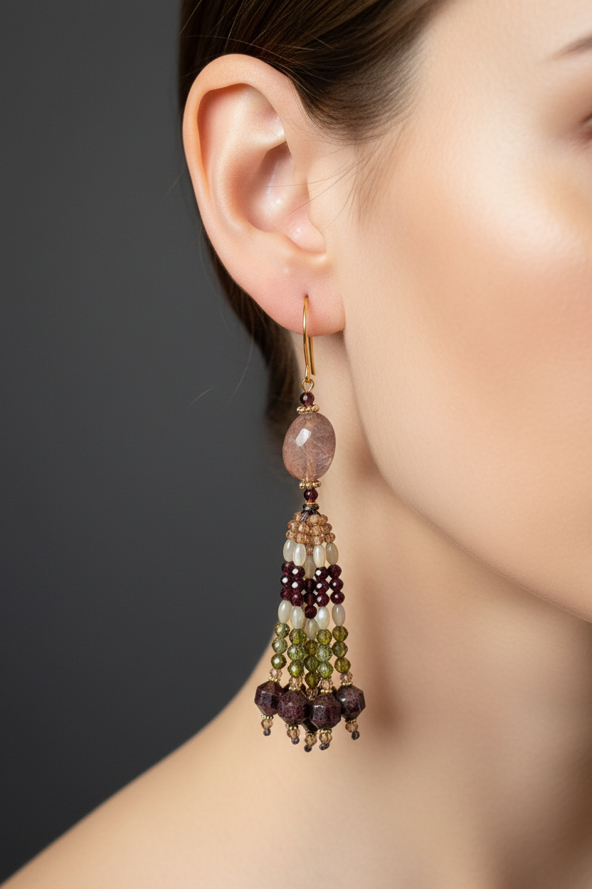 Pendants d'oreilles Priya Mudra en quartz hématoïde rosé nacré et grenats, tassel dense en grenat, zircons pêche et olive, laiton plaqué or 18kt