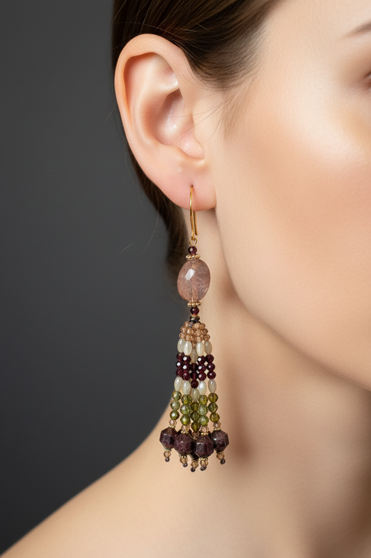Pendants d'oreilles Priya Mudra en quartz hématoïde rosé nacré et grenats, tassel dense en grenat, zircons pêche et olive, laiton plaqué or 18kt