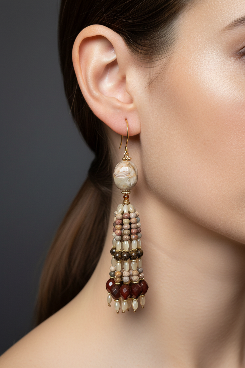 Pendants d'oreilles Riya en agate mexicaine, agate multicolore, bronzite et agate rouge, laiton plaqué or 18kt