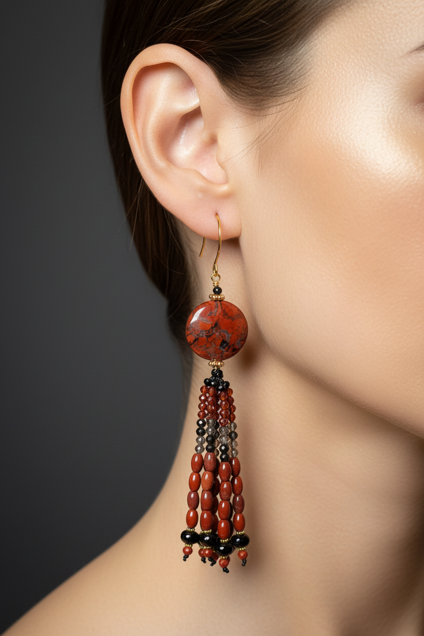 Pendants d'oreilles Simran en jaspe rouge, zircons cubiques bordeaux, quartz fumé et onyx, laiton plaqué or 18kt
