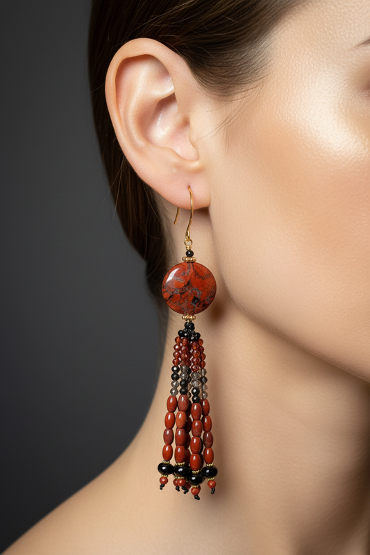Pendants d'oreilles Simran en jaspe rouge, zircons cubiques bordeaux, quartz fumé et onyx, laiton plaqué or 18kt