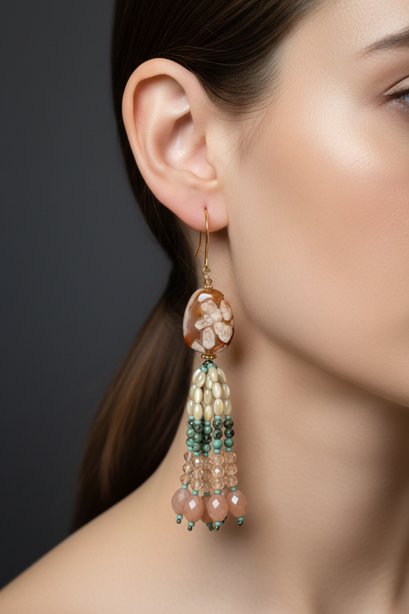 Pendants d'oreilles Sundari en agate sakura orangée, turquoise africaine, zircons pêche et pierre de lune pêche, laiton plaqué or 18kt