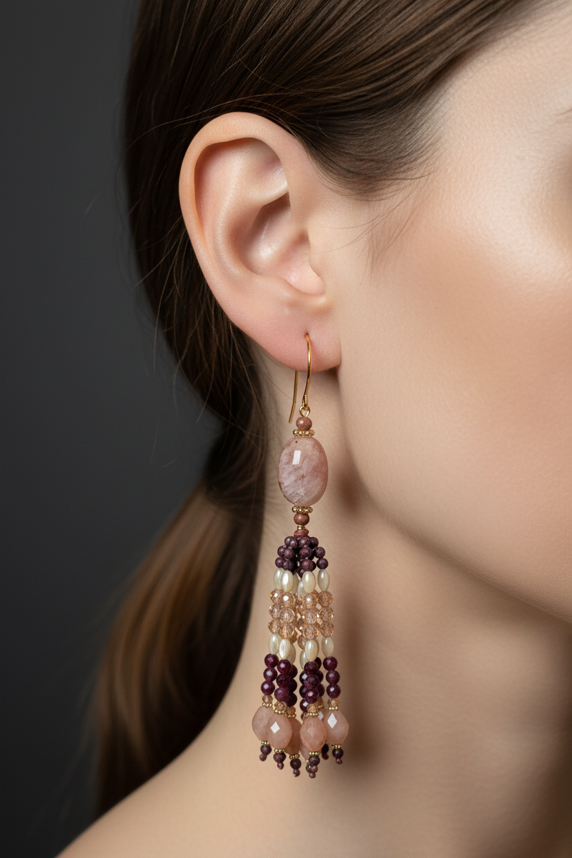 Pendants d'oreilles Trisha Mudra en quartz hématoïde, grenats, zircons cubiques pêche, nacre et pierre de lune pêche, laiton plaqué or 18kt