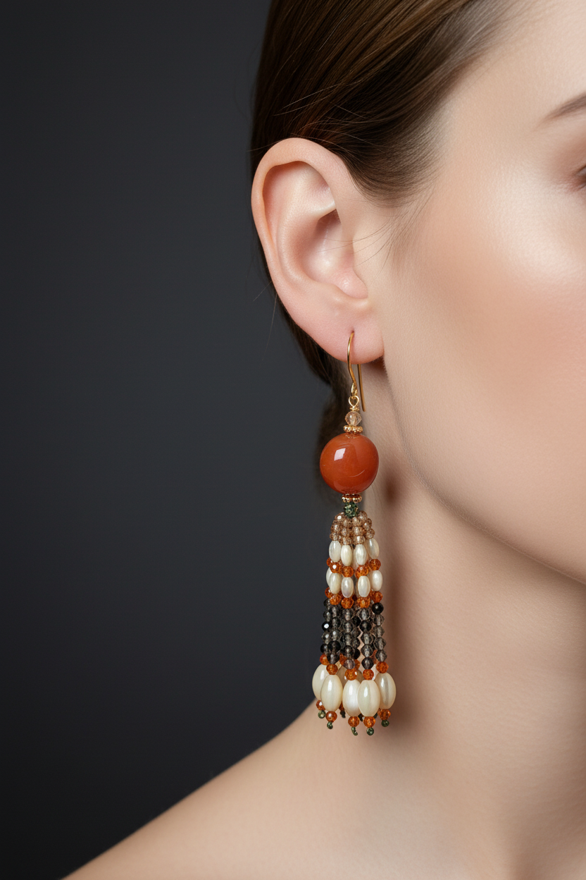 Pendants d'oreilles Zoya en agate du Botswana, zircons pêche et orange, nacre de trochus et quartz fumé, laiton plaqué or 18kt