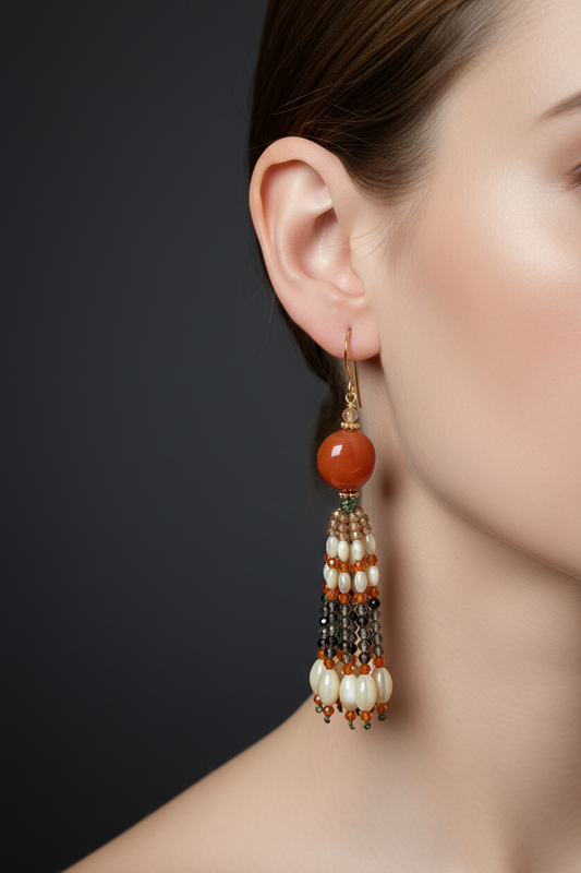 Pendants d'oreilles Zoya en agate du Botswana, zircons pêche et orange, nacre de trochus et quartz fumé, laiton plaqué or 18kt