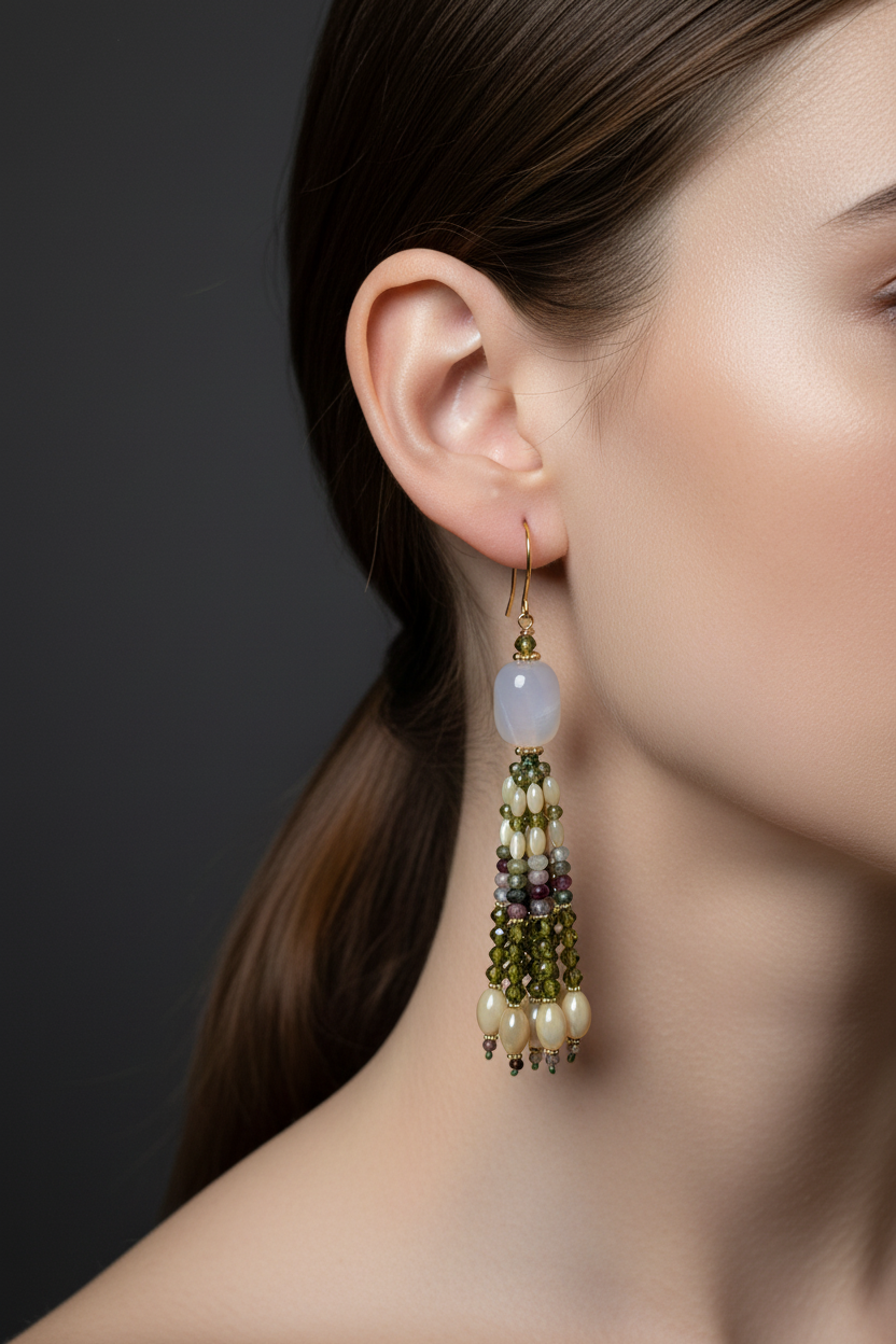 Pendants d'oreilles Aadhya Mudra en calcédoine blanche, zircons verts et tourmaline multicolore, palette douce olive et ivoire, laiton plaqué or 18kt