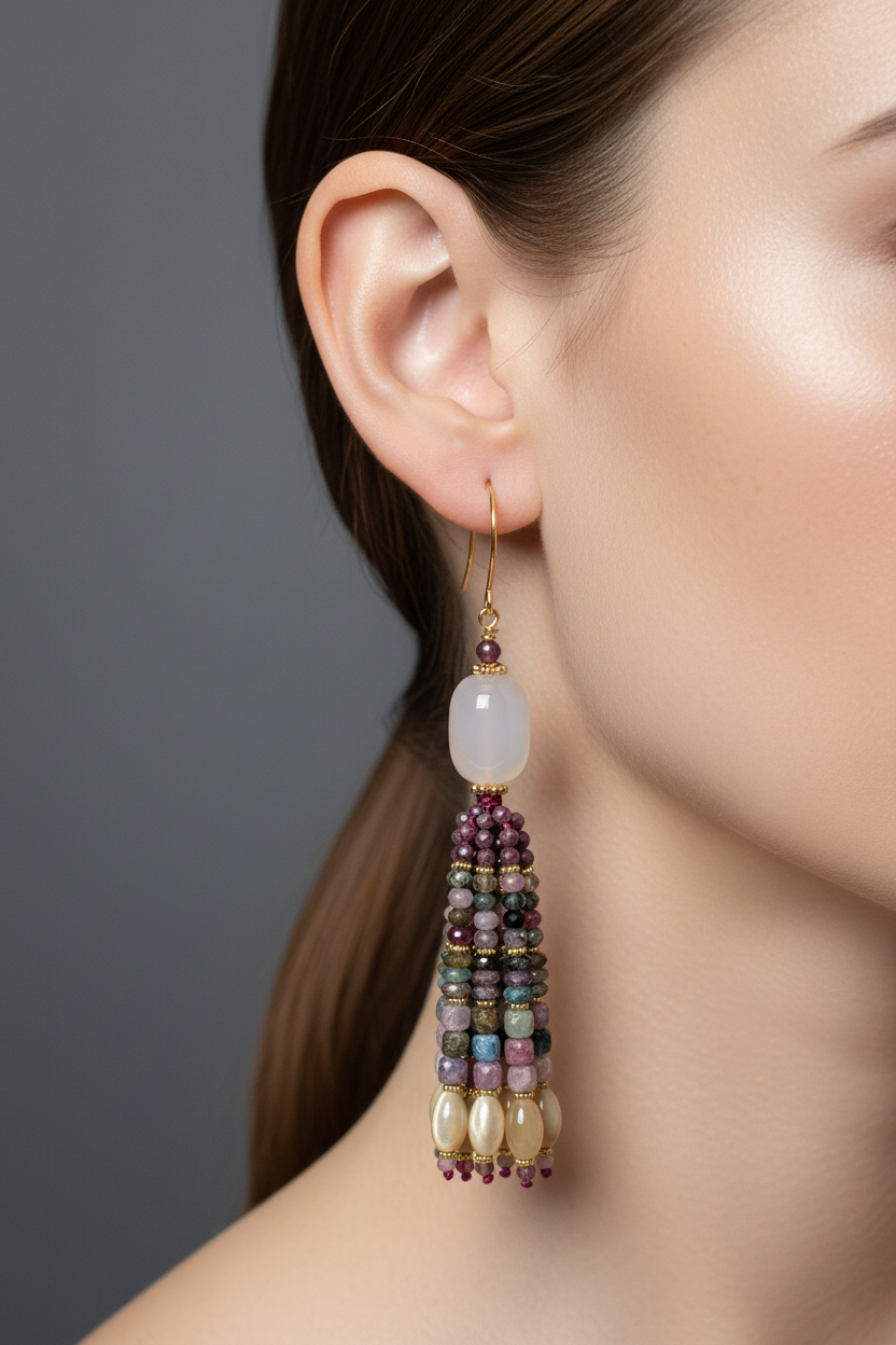 Pendants d'oreilles Ishaani Mudra en calcédoine blanche, grenats et tourmaline multicolore, tassel trois coupes, laiton plaqué or 18kt