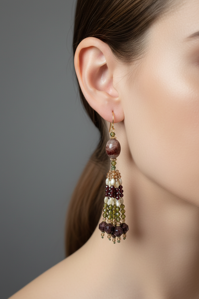 Pendants d'oreilles Radhika Mudra en quartz hématoïde et grenats, tassel dense en grenat, zircons pêche et olive, laiton plaqué or 18kt