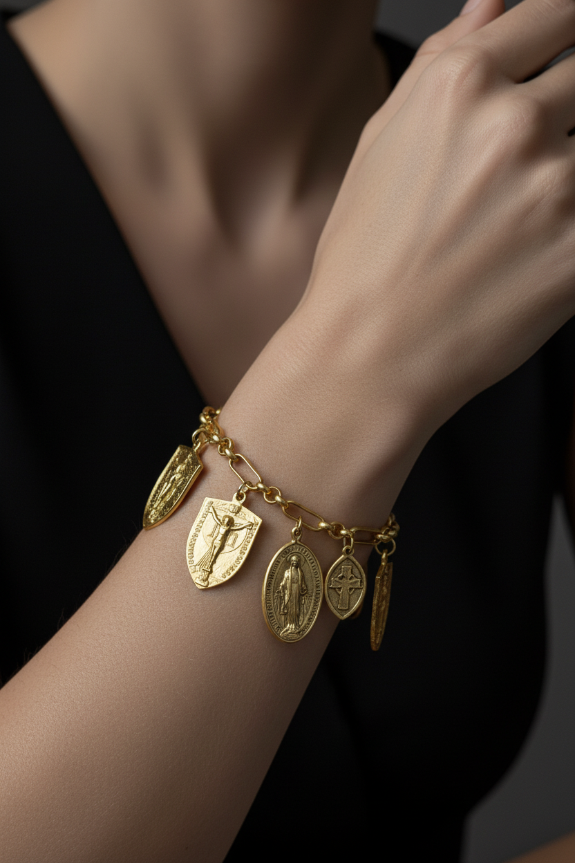 Bracelet Litanie Mudra – 9 médailles catholiques d’inspiration ancienne suspendues sur chaîne ajustable, bijou de poignet rythmé et affirmé.