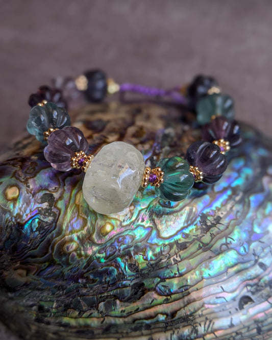 Bracelet Vayuna en fluorite sculptée melon de Jaipur et quartz lemon