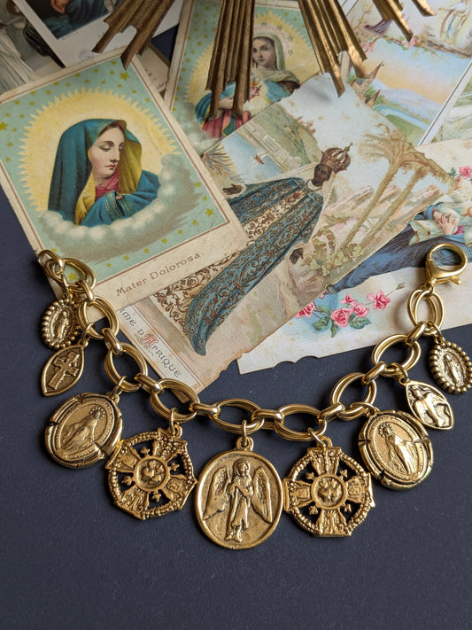 Bracelet Viatique par Mudra, Saint Raphaël réversible croix et Médailles Miraculeuses, pièce unique.