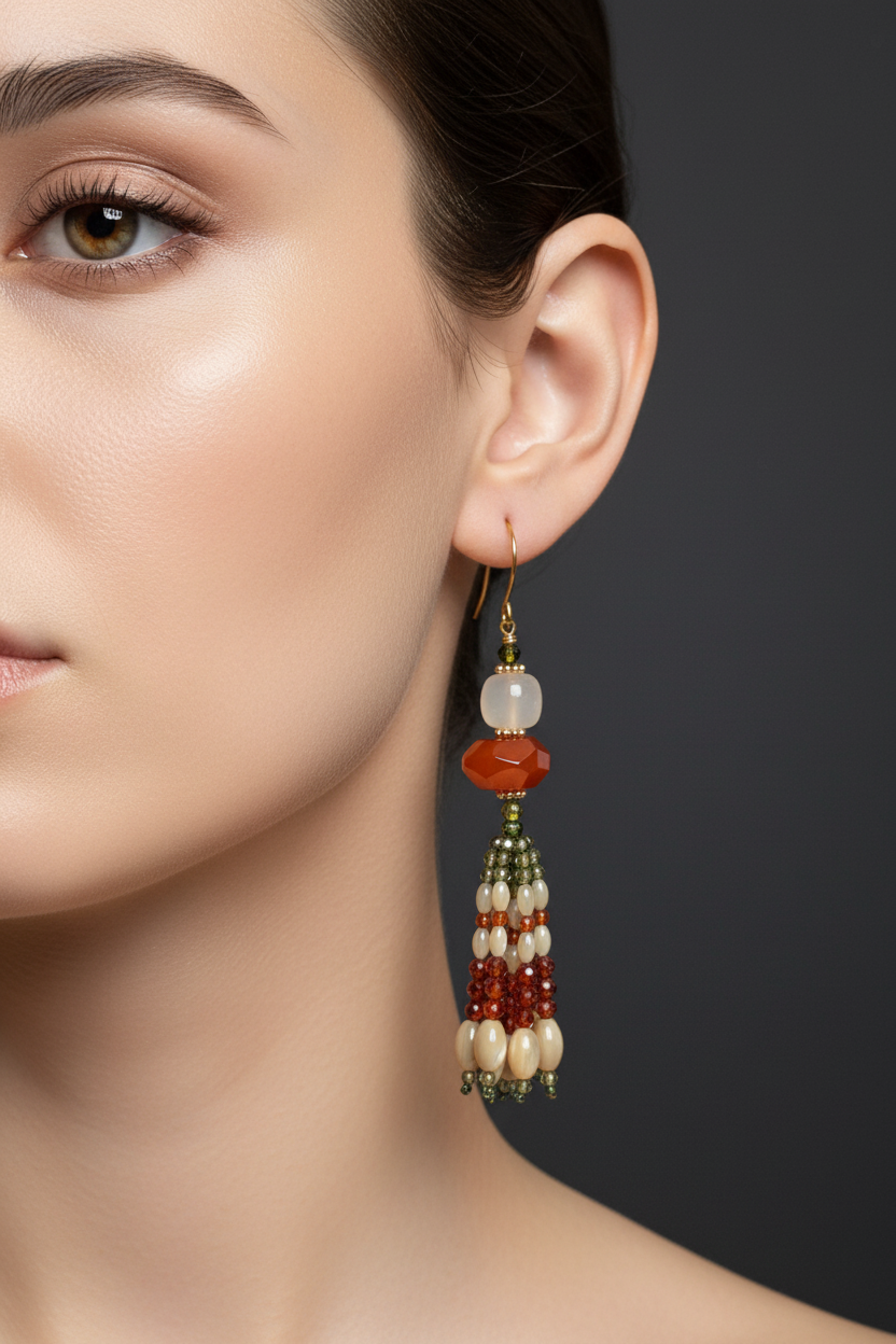 Pendants d'oreilles Champa en agate orange, agate blanche, zircons cubiques olive et orange, nacre de trochus, laiton plaqué or 18kt