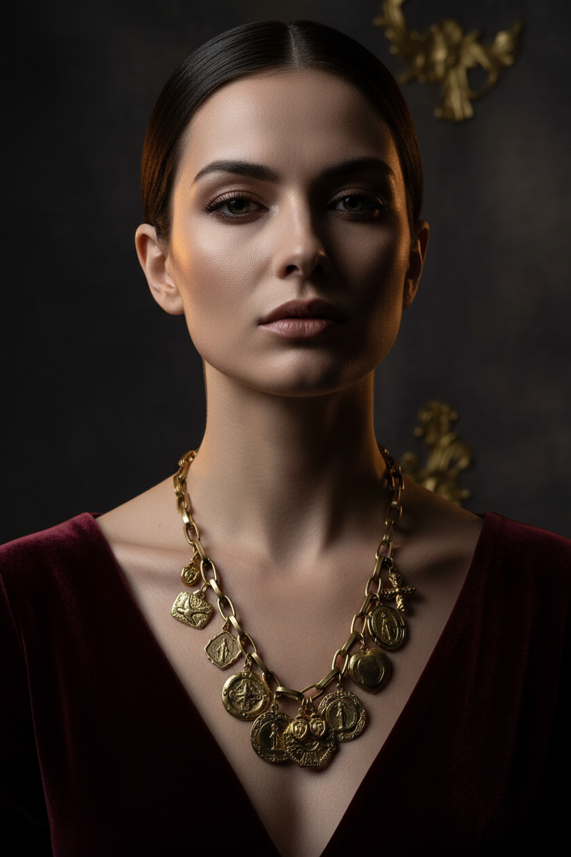 Femme portant le collier chunky Miracolo de Mudra en accumulation avec un chapelet, look mode affirmé avec bijoux religieux iconiques.