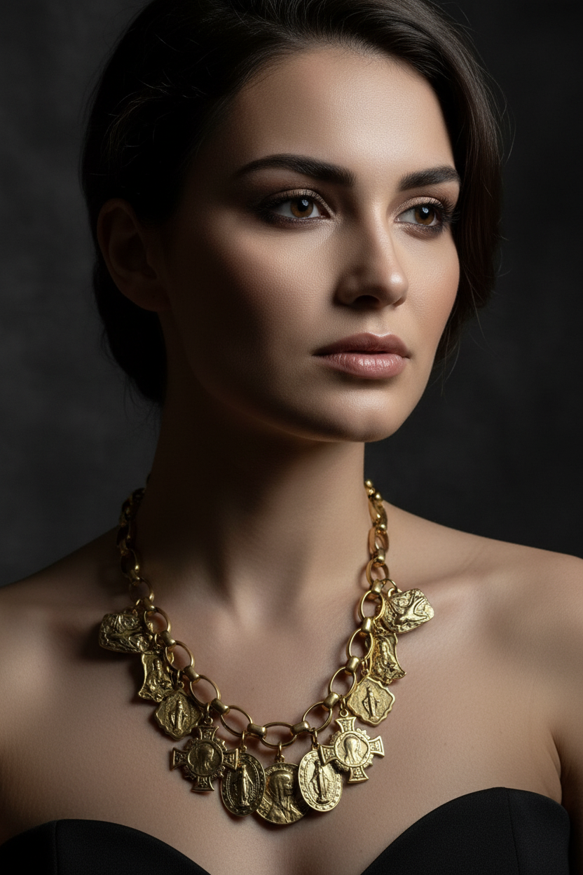 Collier graphique Majesté – Talisman à médailles catholiques suspendues sur chaîne chunky massive