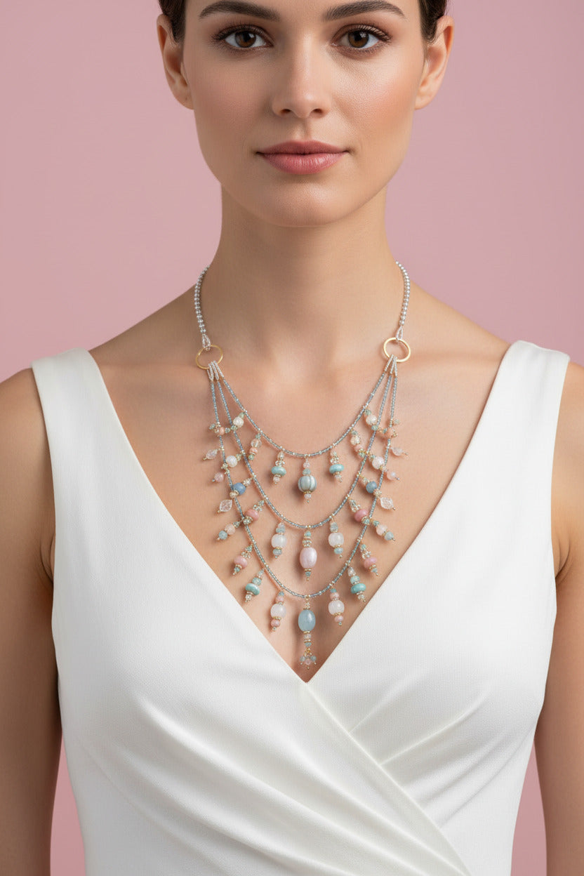 Collier Pravisha porté en trois rangs superposés, créant une parure lumineuse sur le buste.
