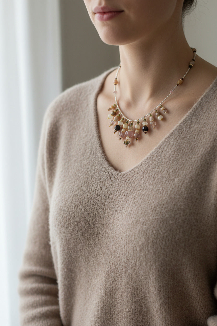 Le collier Kaivani porté au plus près du cou, illustrant sa ligne souple et ses tons sourds.