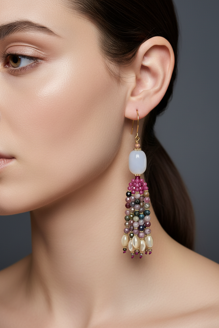 Pendants d'oreilles Kiara Mudra en calcédoine blanche et tourmaline multicolore, tassel huit brins, laiton plaqué or 18kt