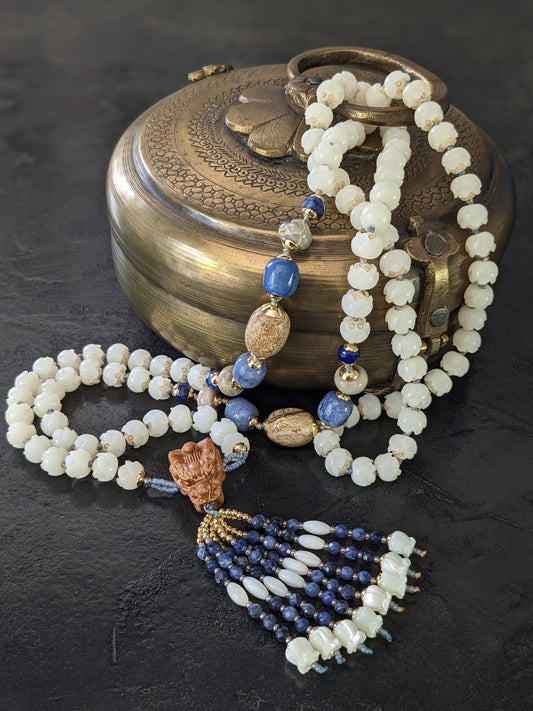 Mala traditionnel en graine de bodhi et pierres naturelles, noué main, 108 perles, création made in France