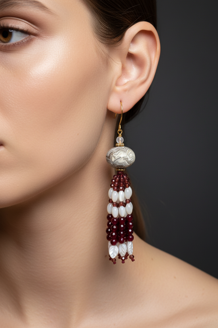 Pendants d'oreilles Vani en agate mexicaine, grenat, nacre de trochus et feuilles sculptées en nacre, laiton plaqué or 18kt